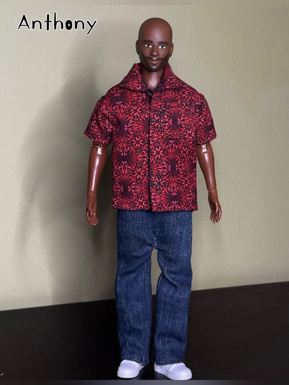 Crimson damask swirl print doll shirt lined in black